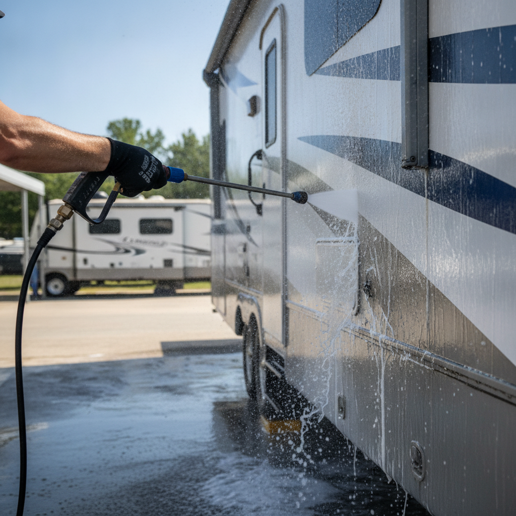 Camper Cleaning pressure washing no peoples faces just hand